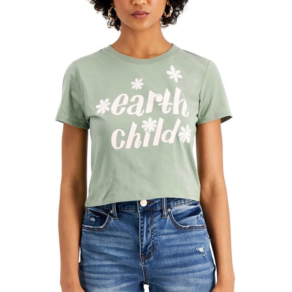 JR241 Self Esteem Green Juniors' "Earth Child" Graphic Cropped T-Shirt Size XL